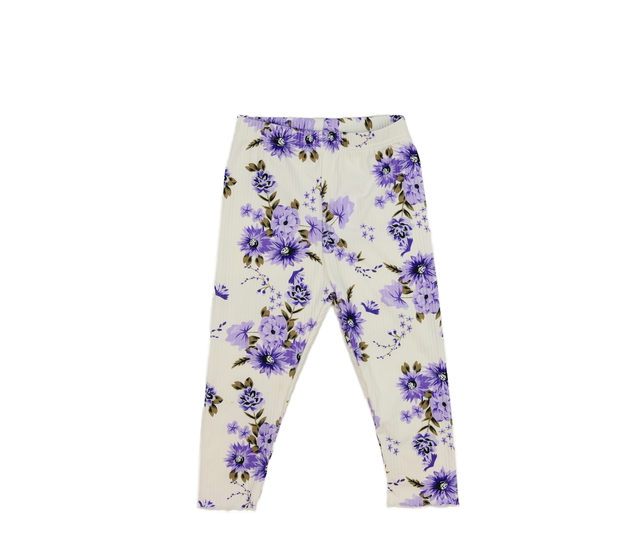 Bílé legíny s fialovými květinami 