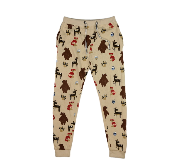 Hnědé slabší tepláky se zvířátky 