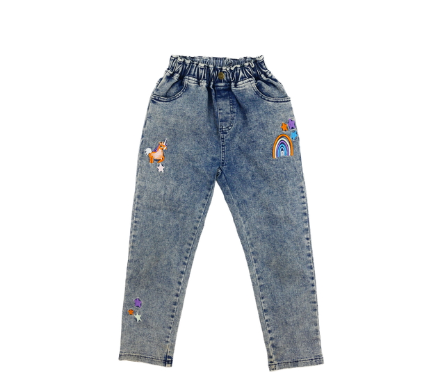 Modré rifle s vyšitými obrázky 