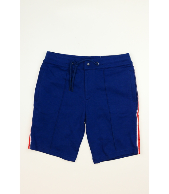 Modré kraťasy s červenými lemy na boku