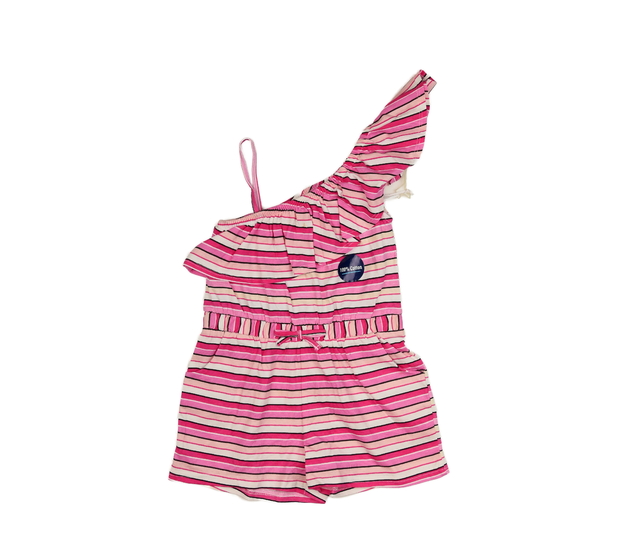 Růžový pruhovaný kraťasový overal 