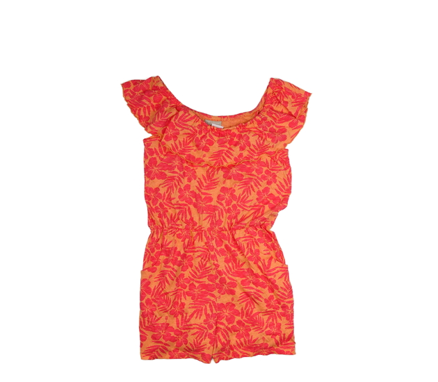 Oranžový kraťasový overal s květinami 