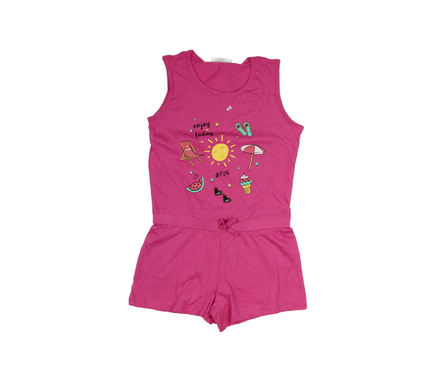 Sytě růžový kraťasový overal s obrázky 