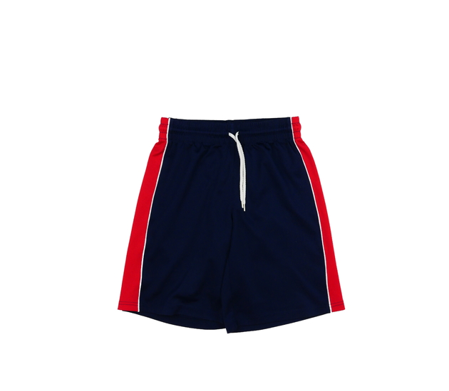 Tmavě modré sportovní kraťasy s červeným pruhem