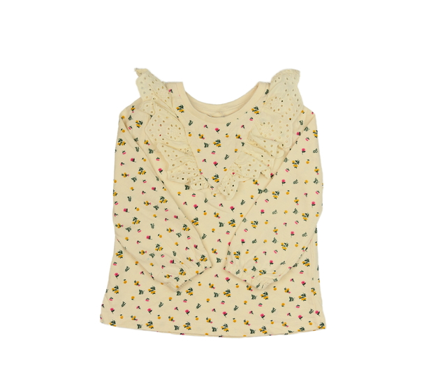 Světle žluté květinové triko s volánky 