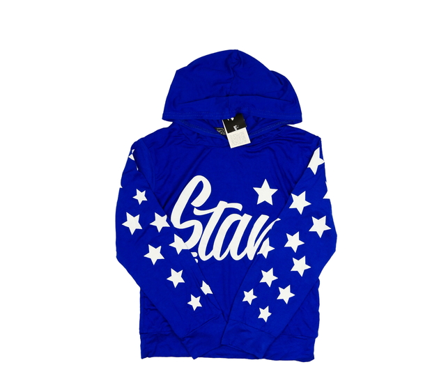 Nové modré triko s kapucí a bílými nápisy 