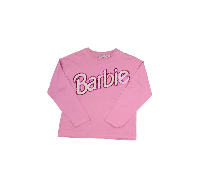 Růžové triko s flitrovým nápisem Barbie Zara