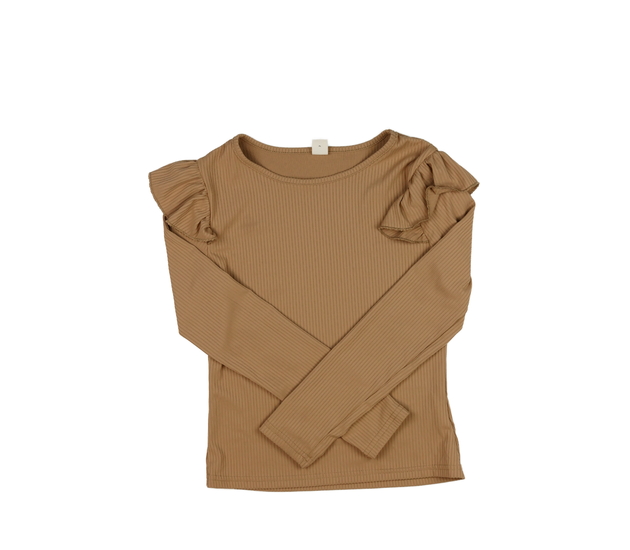 Hnědé triko s volánky na rukávech 