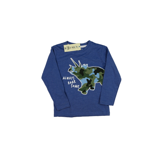 Nové modré triko s dinosaurem