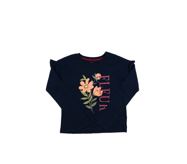 Tmavě modré triko s květinou a volánky Tu 