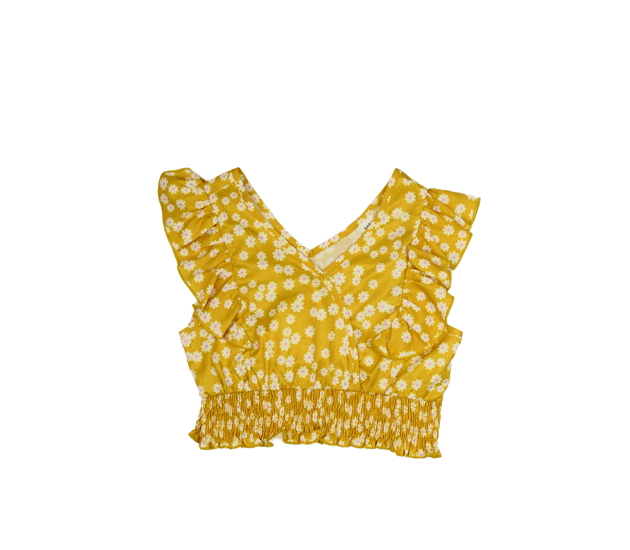 Hořčicový crop top s květinami a volánky 