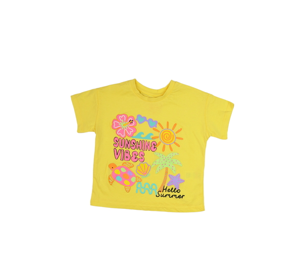 Sytě žluté triko s barevnými obrázky 