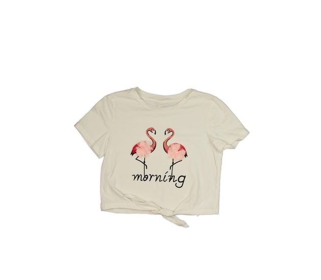 Bílý crop top s plameňáky 