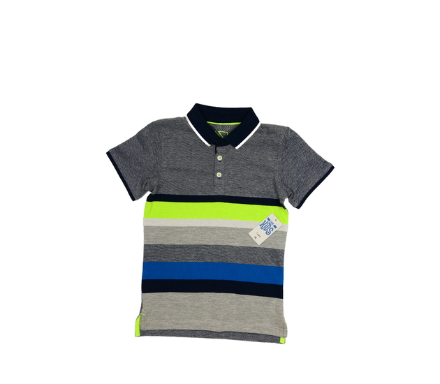 Nové modré triko s barevnými pruhy a límečkem 