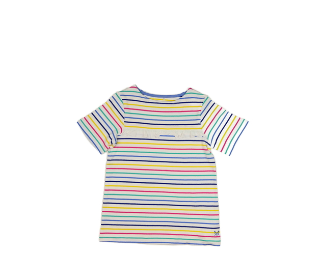 Bílé triko s volánky a barevnými pruhy 