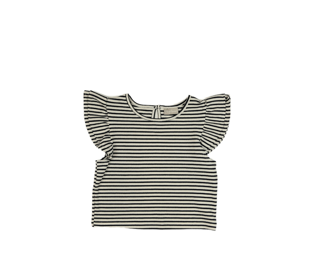 Pruhované kratší triko s volánky na rukávech