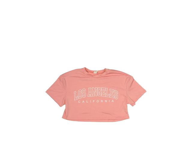 Růžový crop top s nápisem 