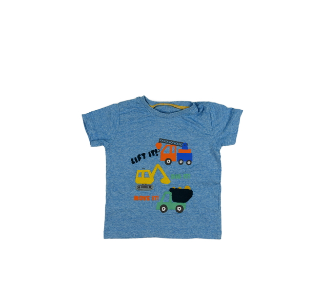 Modré melírované triko se stavebními stroji 