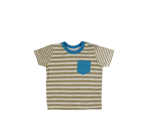 Hnědo-šedé pruhované triko s modrými detaily 