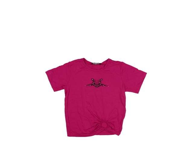 Růžový stylový crop top s motýlkem 