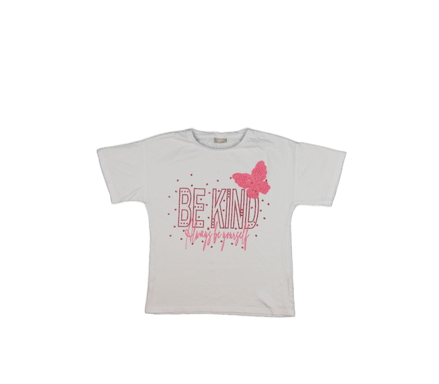 Bílé triko s růžovým nápisem a motýlkem 