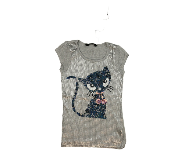 Delší šedé flitrované triko s kočkou 