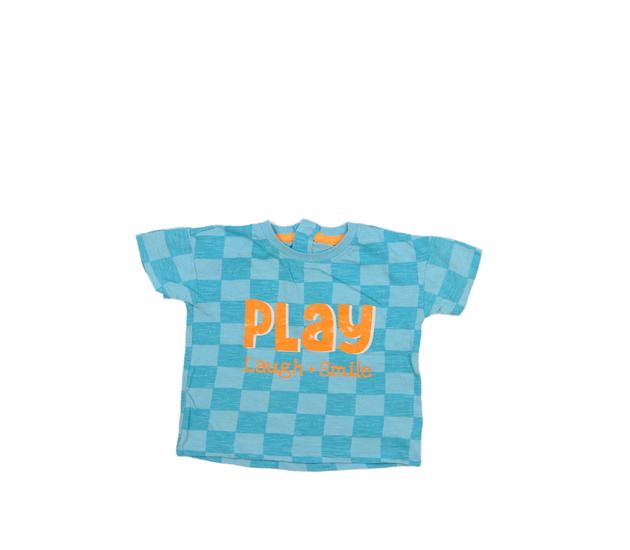 Modré kostkované triko s nápisem 