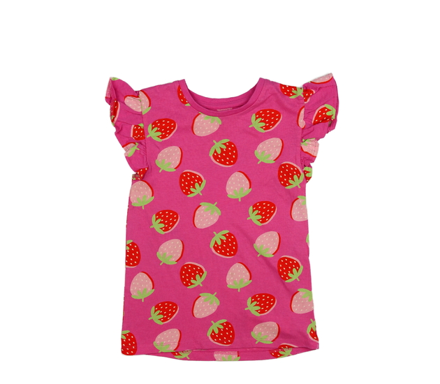 Růžové triko s jahodami a volánky na rukávech