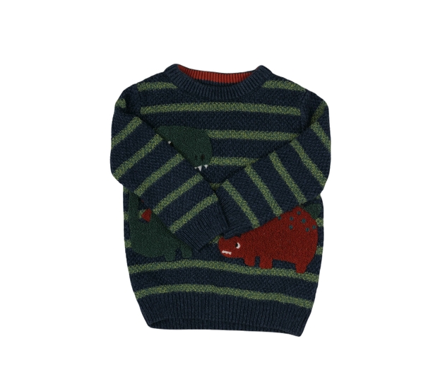 Modrý svetr se zelenými pruhy a dinosaurem Nutmeg