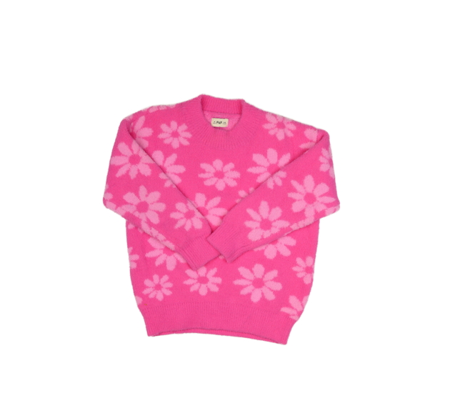 Růžový žinylkový svetr s květinami F&F