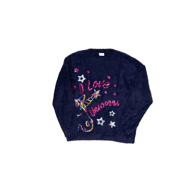 Tmavě modrý žinylkový svetr s jednorožcem F&F