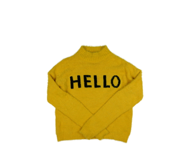 Žlutý žinylkový kratší svetr s nápisem Primark 