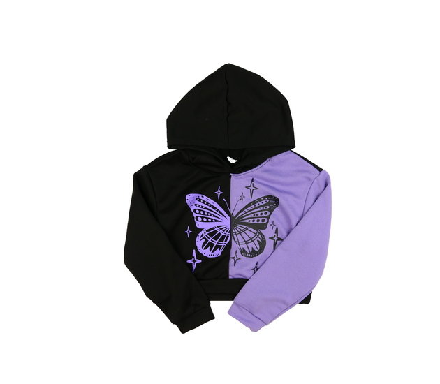 Černo-fialová crop mikina s motýlkem 
