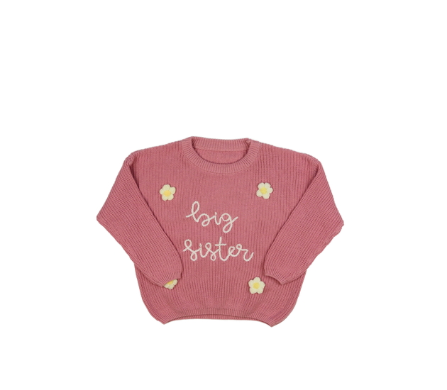 Růžový svetr pro velkou sestru s květinami 