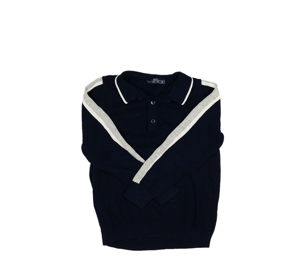 Tmavě modrý svetr s pruhy a límečkem 